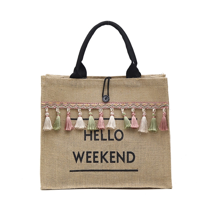 Women's Linen Hello Weekend Tassel Tote Bag