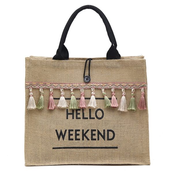 Women's Linen Hello Weekend Tassel Tote Bag - Image 3