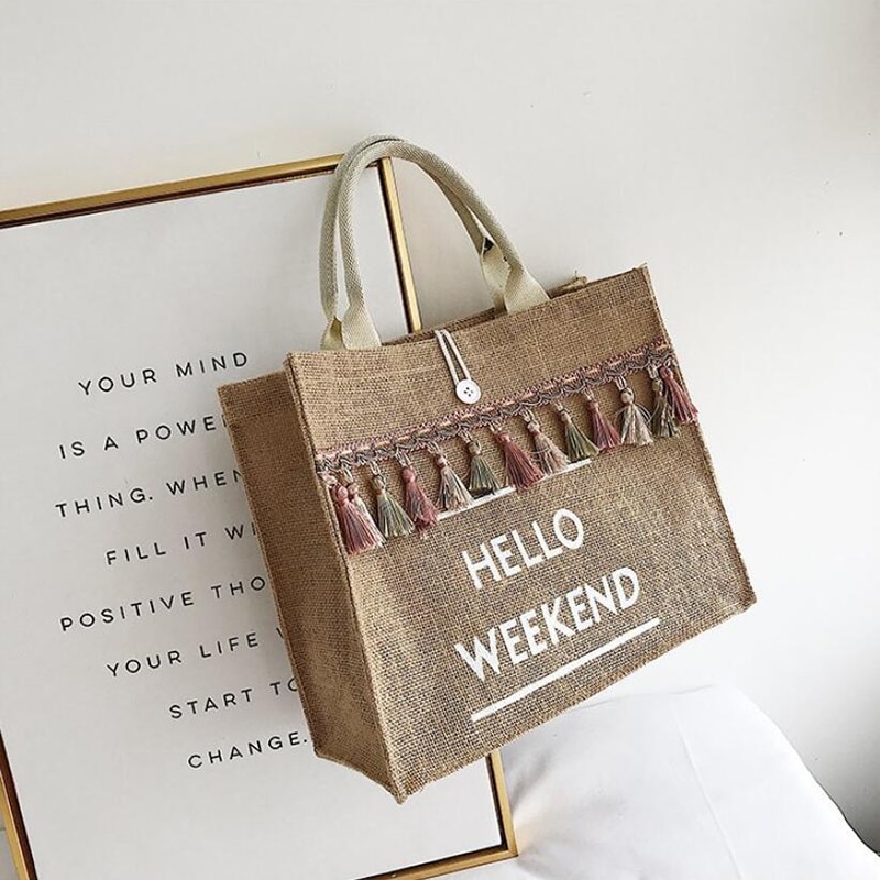 Women's Linen Hello Weekend Tassel Tote Bag