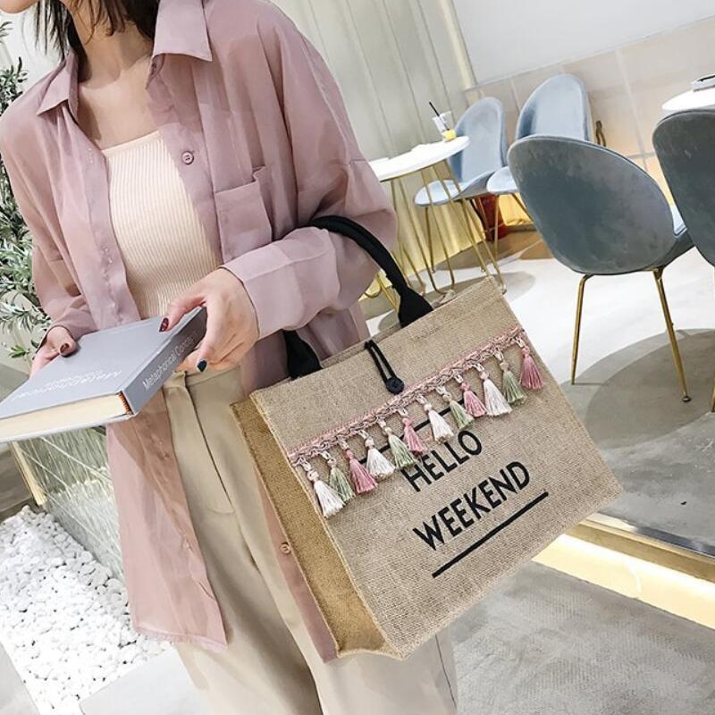 Women's Linen Hello Weekend Tassel Tote Bag