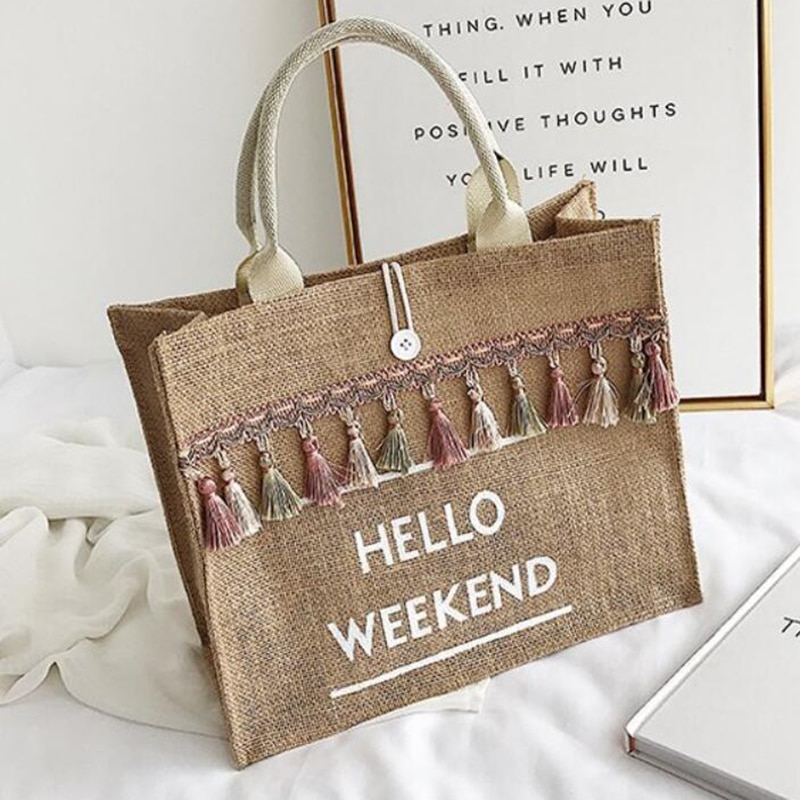 Women's Linen Hello Weekend Tassel Tote Bag