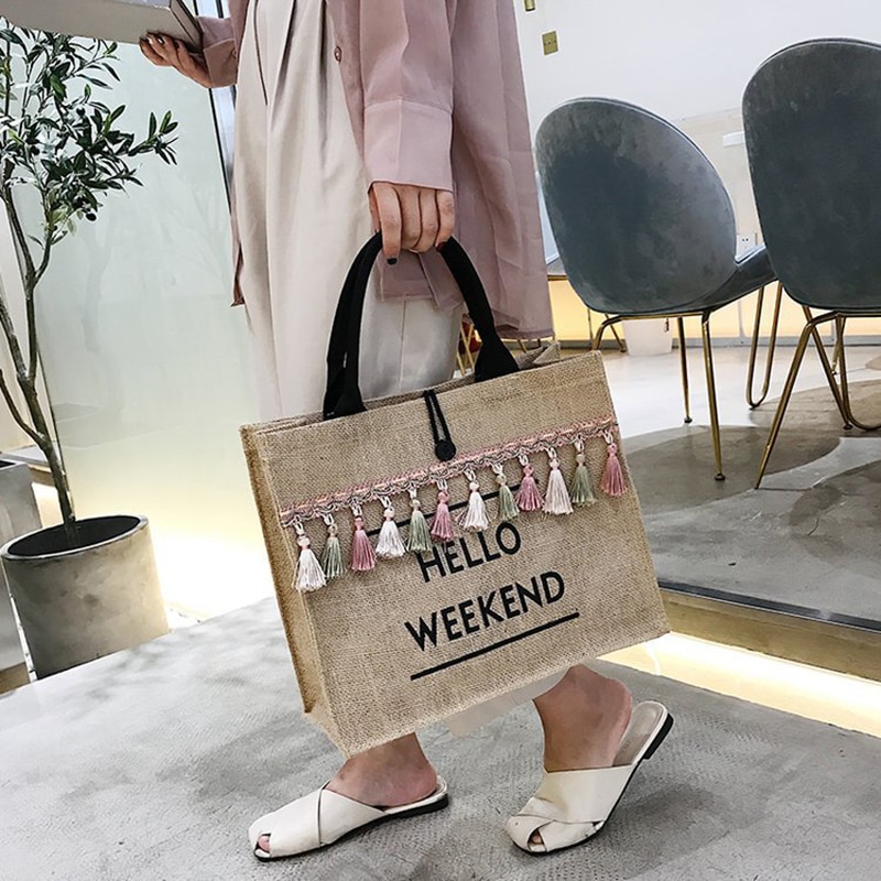 Women's Linen Hello Weekend Tassel Tote Bag