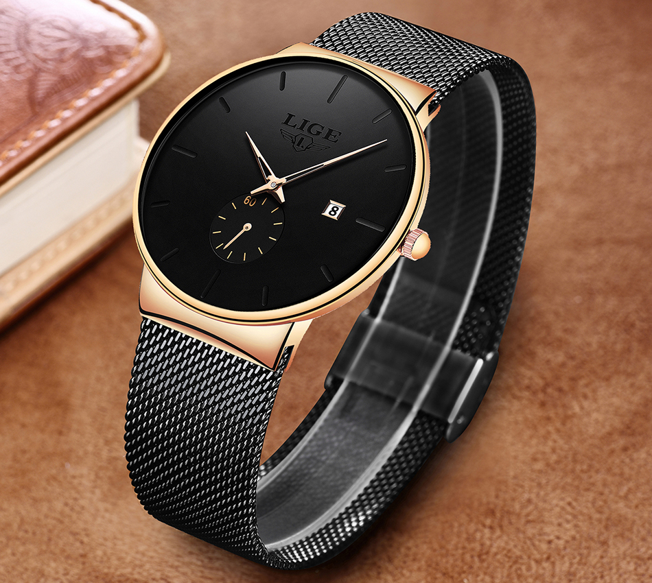 Ultra-Thin Black Quartz Wrist Watch for Men