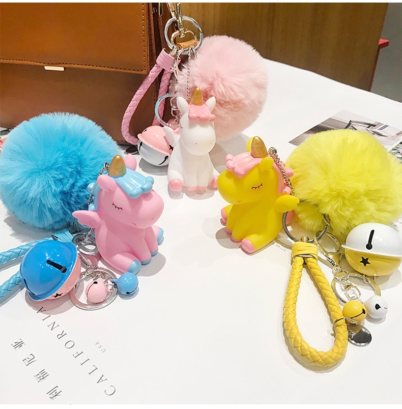 Cute Unicorn Key Chains with Plush Pom Poms