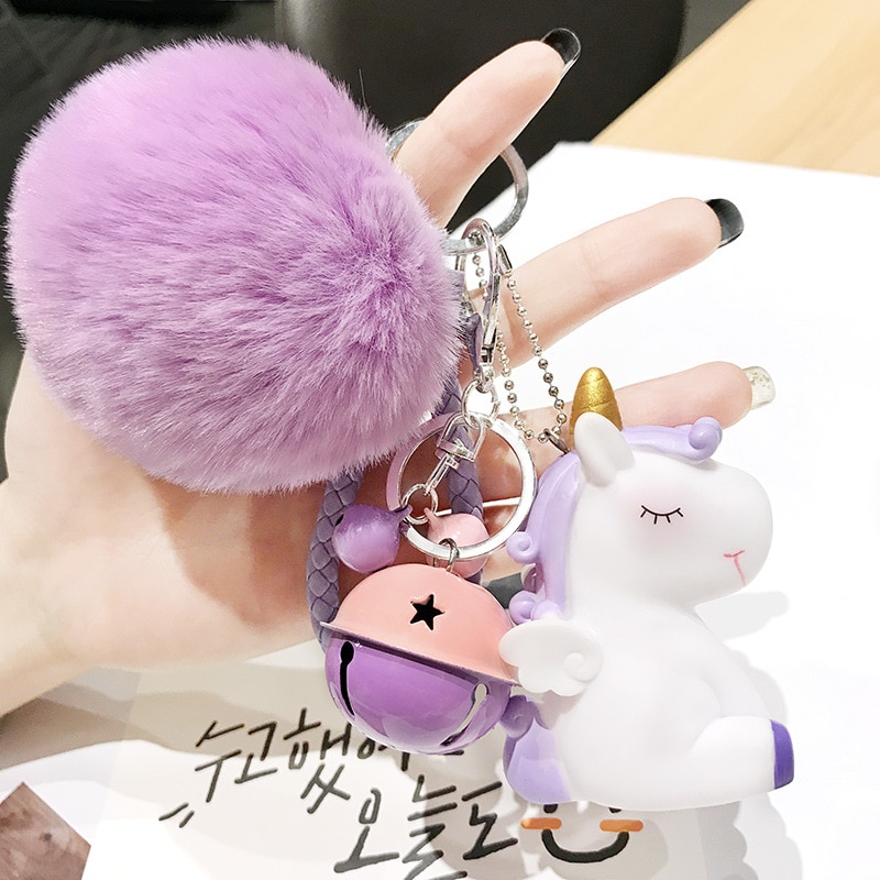 Cute Unicorn Key Chains with Plush Pom Poms