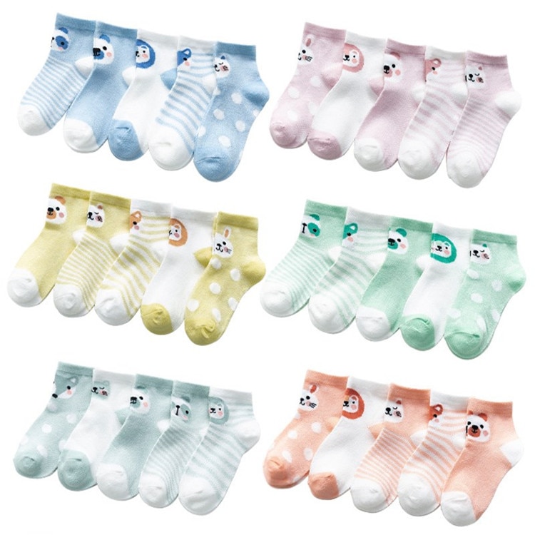 Baby's Animal Print Pastel Color Socks 5 Pairs Set