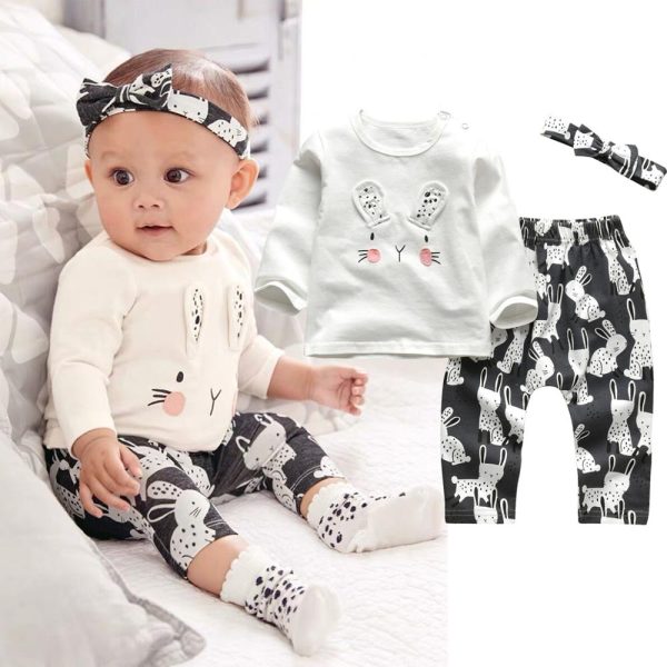 Baby Girl's Printed Sweatshirt, Pants and Headband 3 Pcs Set